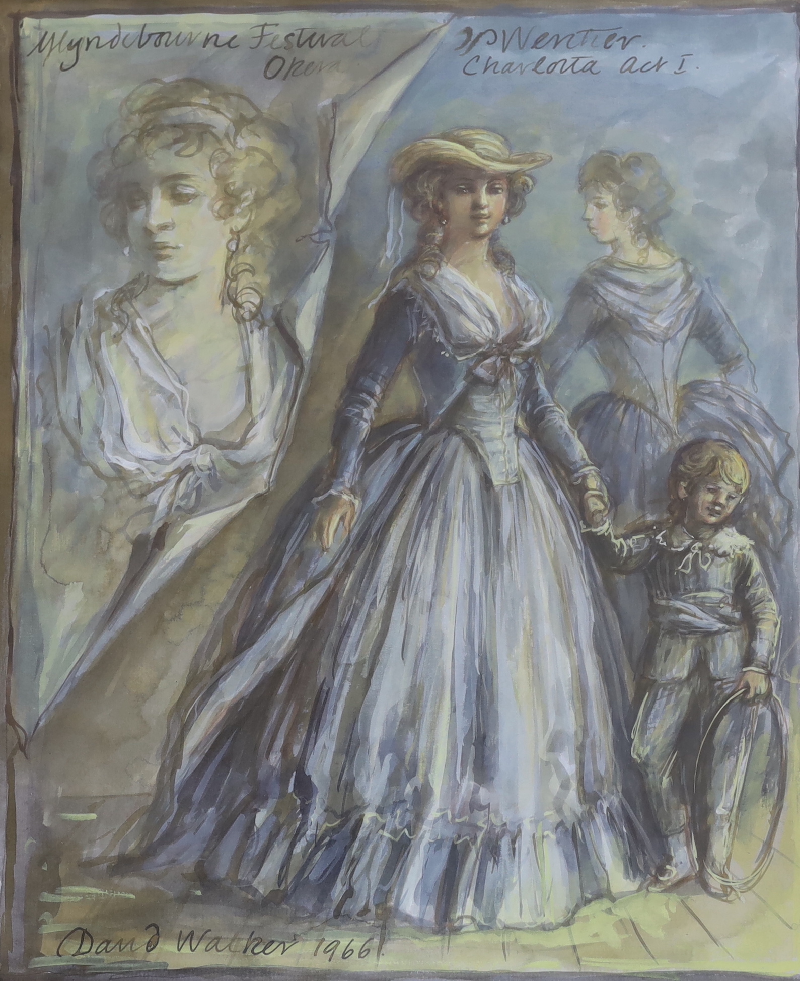 Three mixed media Glyndebourne theatrical costume designs, including Constanze by William Dudley, each with inscriptions, 49cm x 30cm
